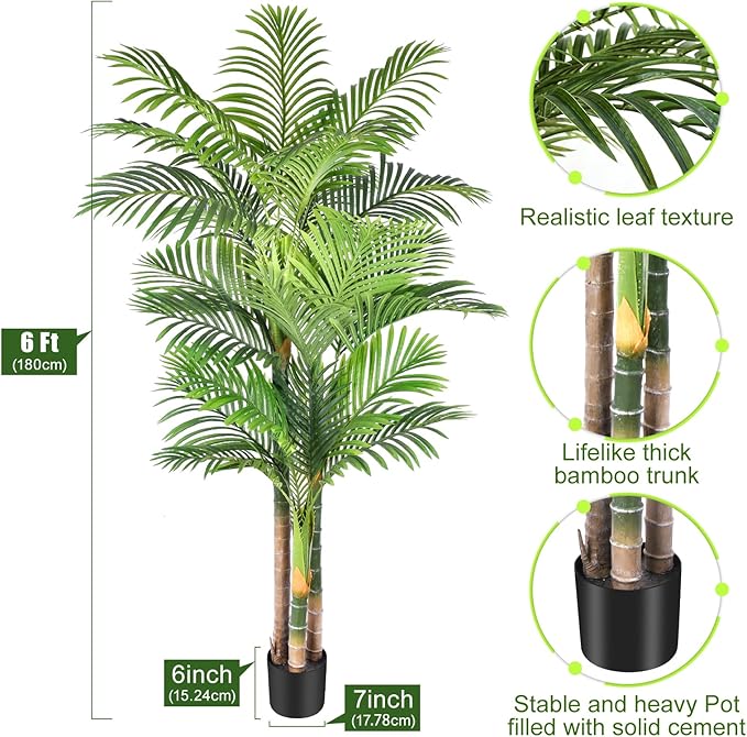 6ft Tall Triple Golden Cane Palm Artificial Tree 72inch Large Tropical Palm Tree UV Resistant Fake Plant in Pot for Indoor Outdoor Big House Living Room Outside Patio Office Home Decor 2Pack