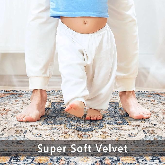 vivorug 3x5 Rug, Boho Small Area Rug for Living Room, Bedroom, Kitchen, Machine Washable Non-Slip Throw Rug, Vintage Floral Carpet for Entryway Nursery Coffee Table - Durable (Orange/Navy)