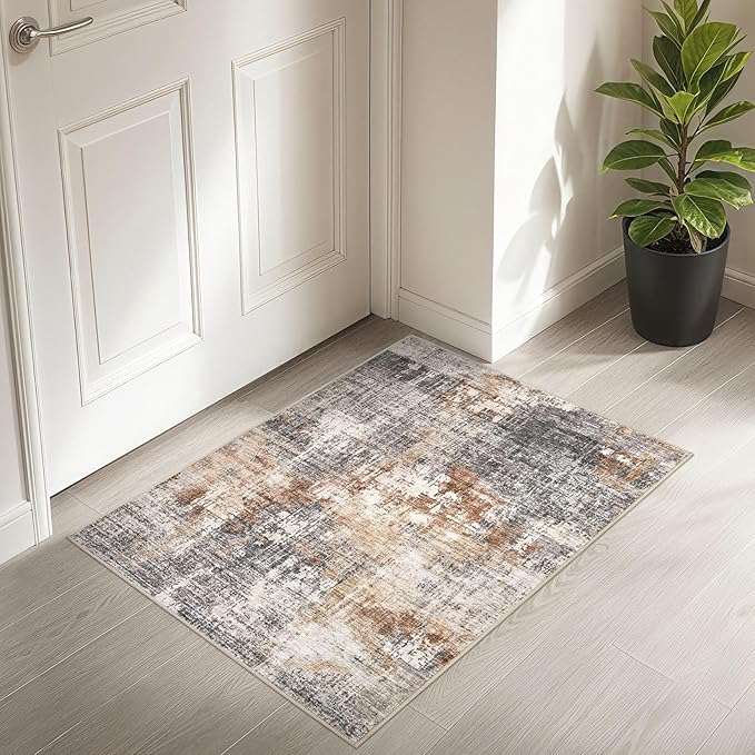 2x3 Entryway Area Rug: Washable Neutral Modern Abstract Small Rug - Non-Slip Low Pile Throw Indoor Carpet for Entrance Kitchen Front Door Mat Bathroom Entry Kids Room - Grey Brown