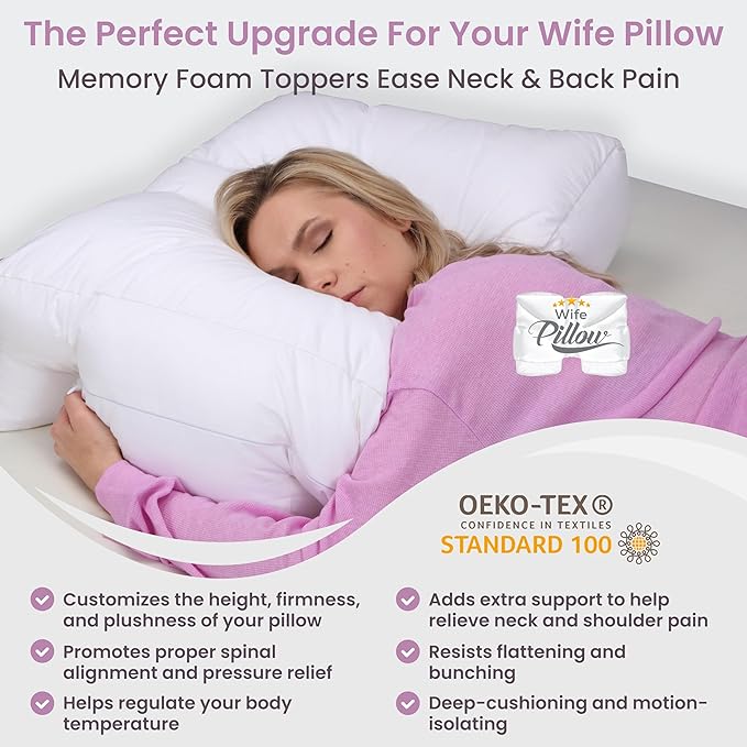 Wife Pillow - Topper, Rayon Shell/Charcoal Shredded High Density Memory Foam Filling. Adjustable for Side Sleepers by Zipper Access to Add/Remove Fill for Best Sleeping: High Denisty Support