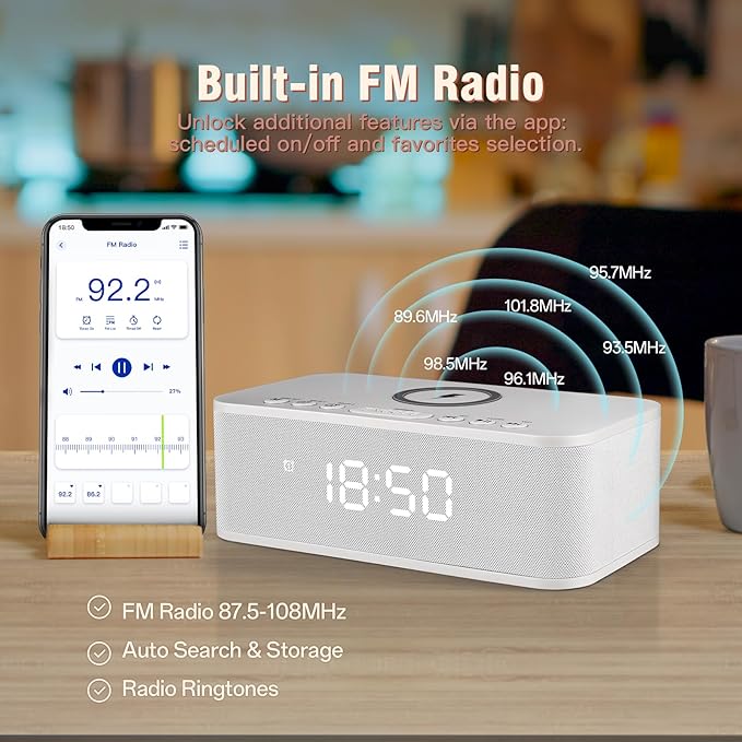 Dual Alarm Clock Radio Bedroom, Digital Alarm Clocks Bedrooms Bluetooth, Up to 10 Bedroom Alarms Clock White Noise 23 Soothing Sounds App/Button Control Snooze 12/24H FM Speaker Charging, White