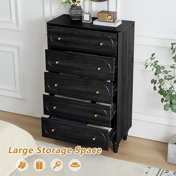 ORRD 5 Drawer Fluted Dresser for Bedroom Set of 2, Mid Century Modern Chest of Drawers, Wood Storage Large Dresser Organizer for Bedroom Living Room Hallway Closet, Black