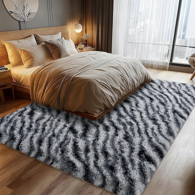 Fluffy Rugs for Bedroom Living Room, 4x6 Feet Zebra Black and White Shag Area Rug for Kids Girls Boys Dorm Nursery, Soft Non-Slip Modern Fuzzy Plush Carpet for Indoor Home Decor
