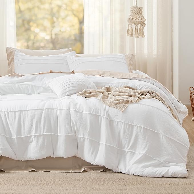 Bedsure King Comforter Set - 4 Pieces Pinch Pleat Bed Set, White Boho Bedding for All Season, 1 Soft Comforter, 2 Pillowcases, 1 Decorative Pillow