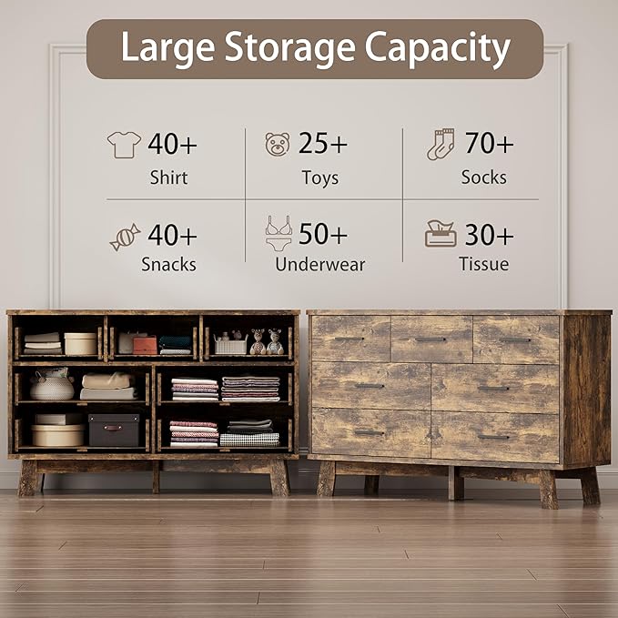 Dresser for Bedroom with 7 Drawer, Wood Modern Chest of Drawers with X-Shaped Sturdy Base, Wide Double Dresser Closet Clothes Storage Organizer, Wooden TV Stand for Living Room, Hallway, Brown