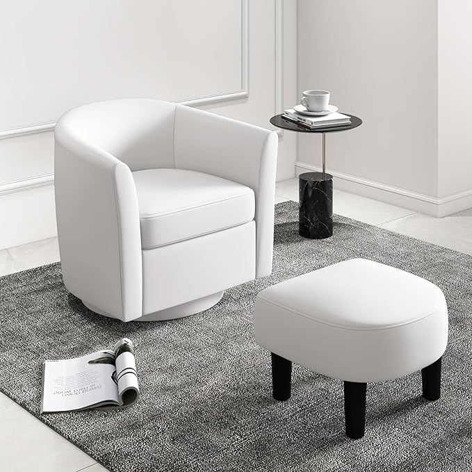 Giantex Swivel Small Accent Chair with Ottoman, Modern Barrel Club Chair w/Footrest, Curved Backrest & Armrests, Removable Seat Cushion, Swivel Single Sofa Arm Chair for Living Room, Bedroom(Creamy)