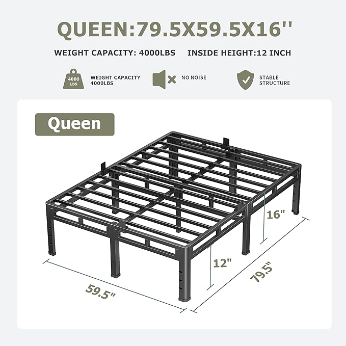 NKZ Queen Size Bed Frame 16 Inch, Metal Bed Frame & Box Spring 2 in 1 Platform with Round Corner Legs, 4000lbs Weight Capacity Reinforced Metal Frame, Headboard Hole, Noise-Free, Easy Assembly