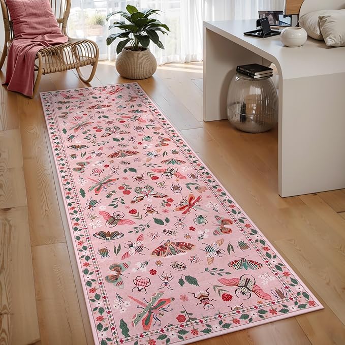 Lahome Insect Washable Runner Rug, 2x6 Kitchen Runners for Hallways 6 Feet Non Slip, Soft Laundry Room Rug Ultra-Thin Long Carpet for Bathroom Bedroom Entryway, Pink