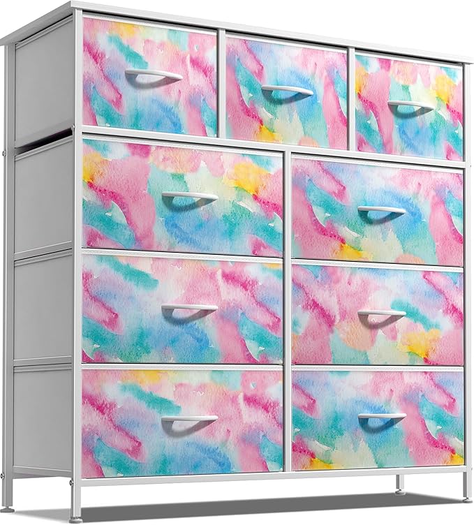 Sorbus Dresser with 9 Drawers - Furniture Storage Chest for Kid’s, Teens, Bedroom, Nursery, Playroom, Clothes, Toys - Steel Frame, Wood Top, Fabric Bins (Tie-dye)