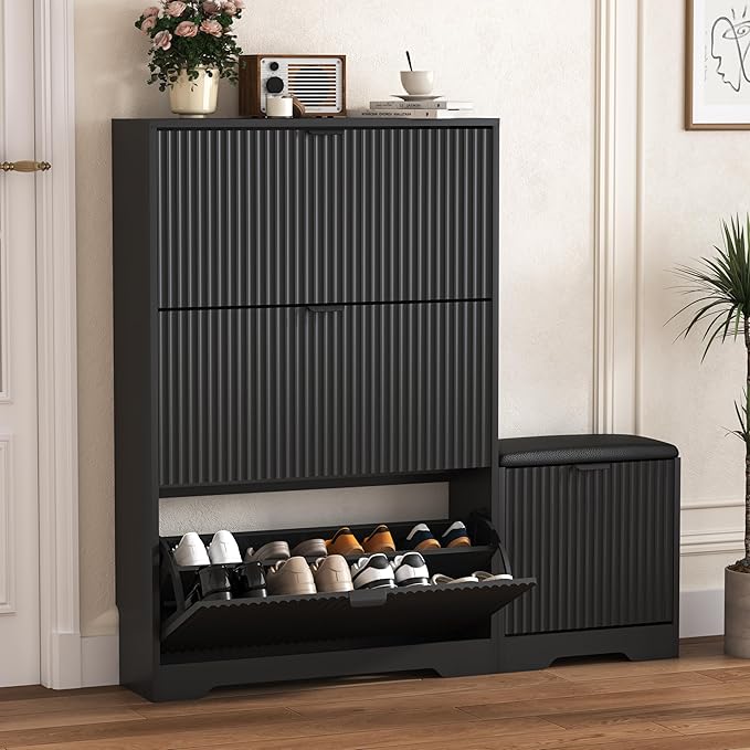 Shoe Cabinet Storage for Entryway with 4 Flip Drawers, Black Fluted Shoe Cabinet with Bench, Wooden Hidden Shoe Rack Freestanding Narrow Slim Shoes Storage Organizer for Hallway, Entrance