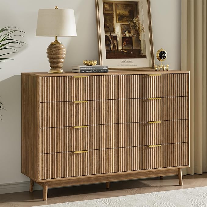 LYNSOM Fluted 8 Drawer Dresser for Bedroom, 55" Wide Modern Chest of Drawers with Curved Profile Design and Metal Handles, Wood Dresser TV Stand & Storage Organizer for Bedroom, Hallway, Walnut