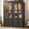 Tall Farmhouse 4 Doors Armoire Wardrobe Closet with LED ,72" Freestanding Arched Wardrobe Closet Cabinet for Bedroom w Glass Doors/Drawers,Wooden Clothing Storage Cabinet,Closets for Bedroom(Black)