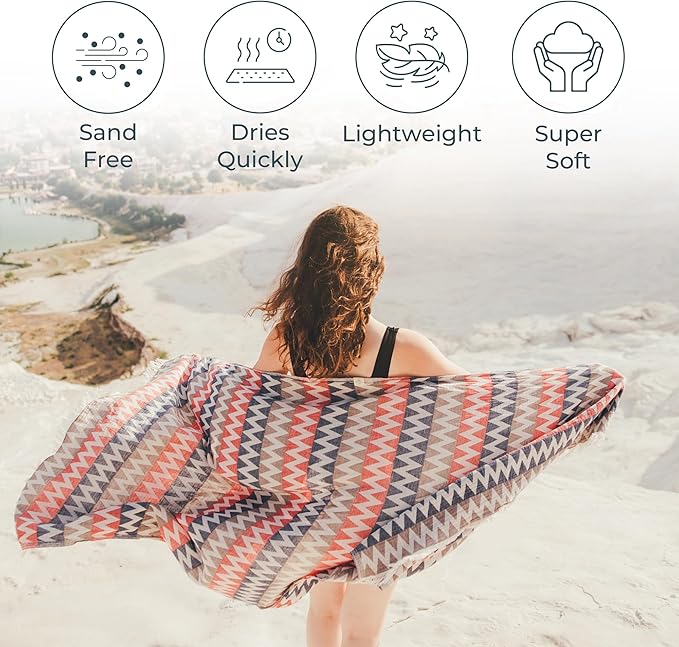 Turkish Beach Towel 35”x67” – 100% Cotton, Quick Dry, Lightweight Oversized Beach Towel for Pool & Travel – Zig Zag Navy Red Color