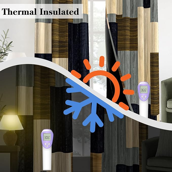 Wood Print Retro 100% Blackout Curtains for Bedroom 84 inch Long 2 Panels Set Modern Abstract Geometric Black Out Curtains Insulated Room Darkening Window Drapes for Living Room, 52Wx84L