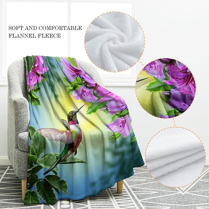 Jekeno Hummingbird Floral Blanket Gifts for Women Kids Girls Mom Wife Birthday Mother's Day Presents Home Bedroom Pink Flowers Bird Decor Soft Cozy Lightweight Plush Throw Blanket 50"x60"
