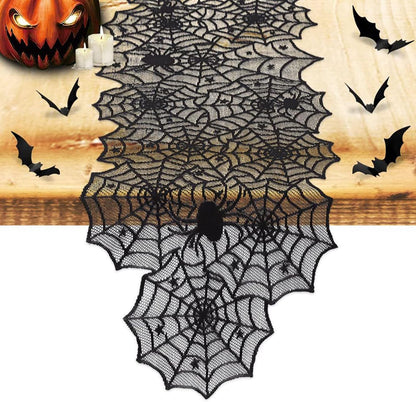 1-Pack Halloween Table Runner, Black Spider Stars Lace Table Runner, Gothic Kitchen Decor, Fall-Themed Party Decorations, Spider Web Reusable Home Accent, 18 x 72 Inches