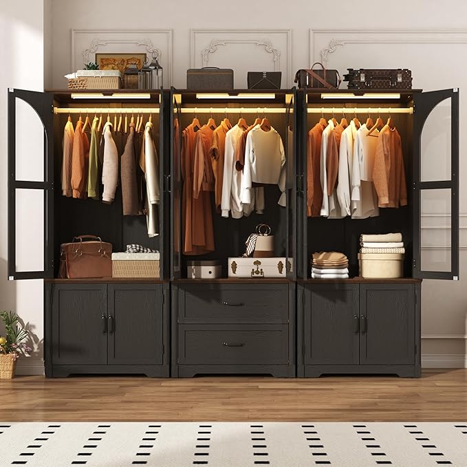 Tall Farmhouse 6 Doors Armoire Wardrobe Closet with LED ,72" Freestanding Arched Wardrobe Closet Cabinet for Bedroom w Glass Doors/Drawers,Wooden Clothing Storage Cabinet,Closets for Bedroom(Black)