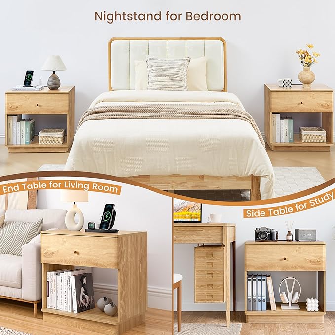 Narrow Nightstand Set of 2, Wooden Small 2 Drawer Nightstand, Slim Side End Table, Skinny Bedside Table, Mid Century Modern Night Stand with Drawers, for Living Room (Natural-Charging Station-2 pcs)