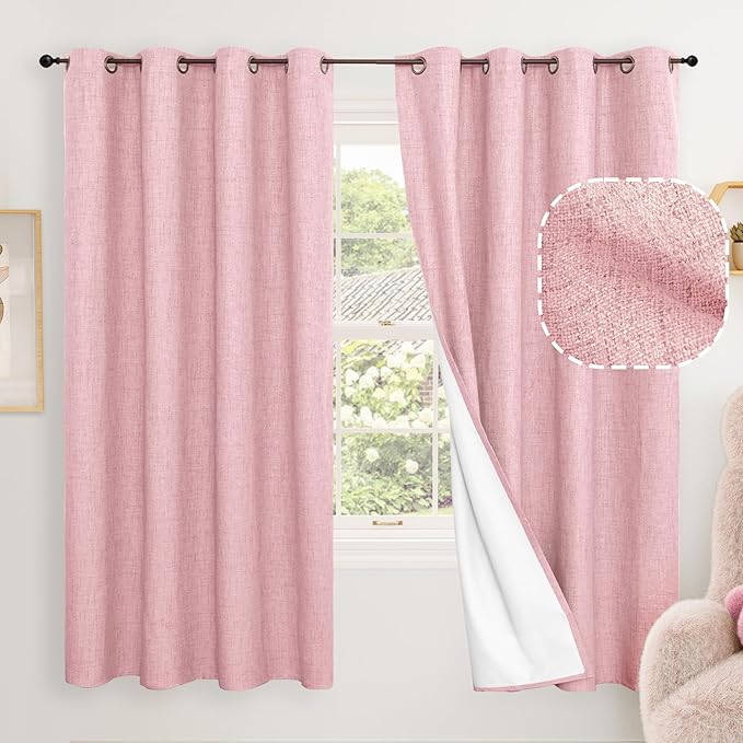 Baby Pink Linen Blackout Curtains for Nursery 63 Inch Length 2 Panels Set, Thermal Insulated Boho Total Black Out Noise Reducing Bonzer Grommets Window Curtains for Girls Bedroom, Each 60 Inch Wide