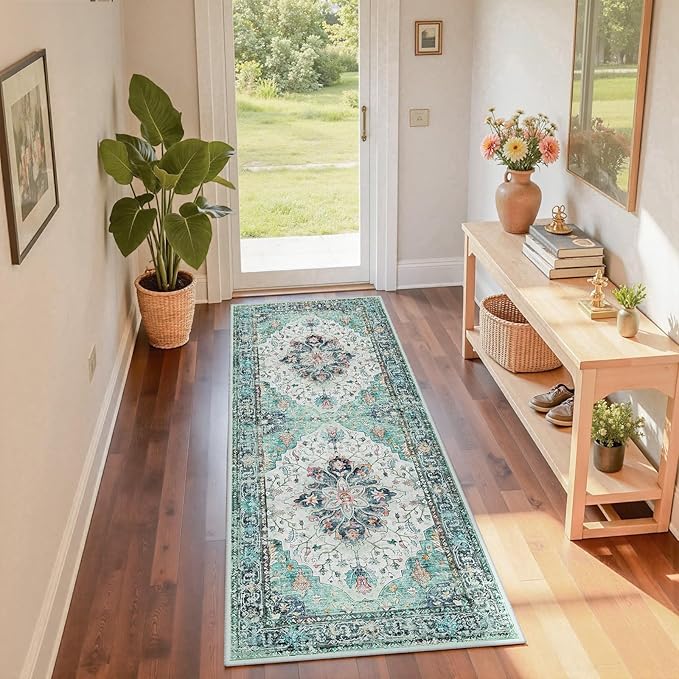 Area Rugs 2'x6' Washable Non-Slip, Floral Vintage Distress Print Pattern Medallion Carpet for Living Room Bedroom Dining Room, Green Navy Blue White Red Teal Colorful