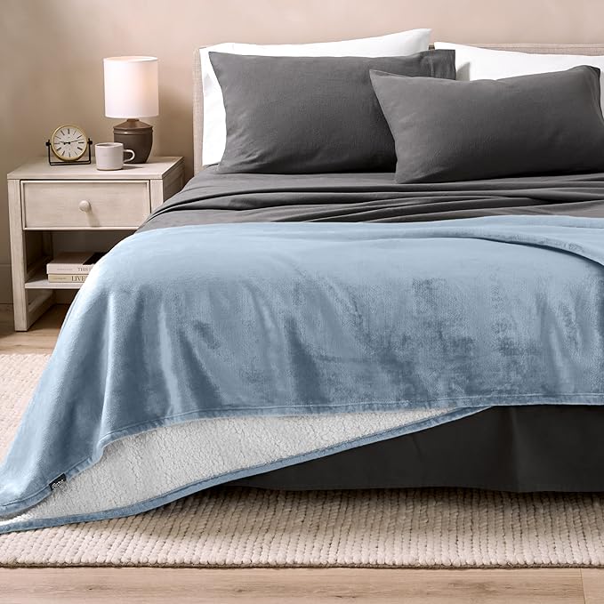 Bare Home Sherpa Fleece Blanket - Throw/Travel Size - Blanket for Bed, Sofa, and Couch - Warm & Lightweight - Fluffy & Soft - Reversible (Throw/Travel, Dusty Blue)