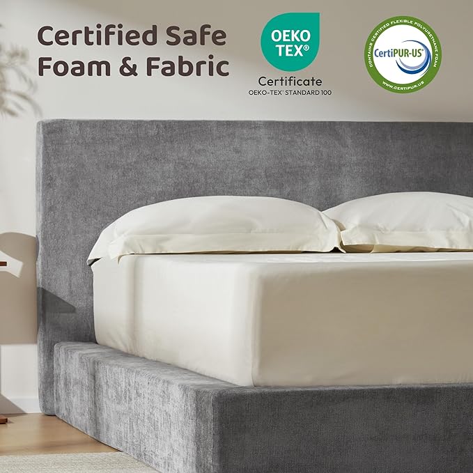 RECCI Cloud Upholstered King Bed Frame with Headboard, 5 Inch Foam Padded Platform, No Box Spring, Easy Assembly (Moon Grey)