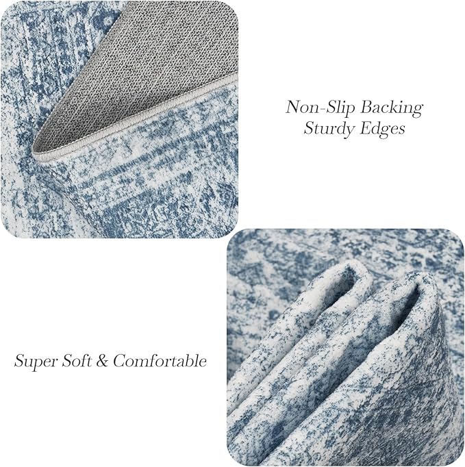 9x12 Area Rugs for Living Room, Non Slip Machine Washable Vintage Rugs, Low Pile Lightweight Large Rug for Bedroom, Dining Room, Home Office Blue