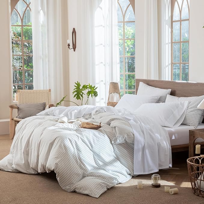 MooMee Bedding Sheet Set 100% Washed Cotton Linen Like Textured Breathable Durable Soft Comfy (Solid Bright White, King)