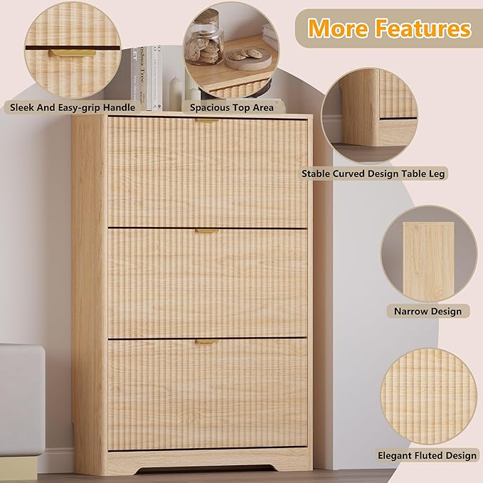 Entryway Shoe Cabinet with 3 Flip Drawers, Narrow Shoe Organizer Cabinet with Fluted Panel and Adjustable Shelves for Foyer, Hallway