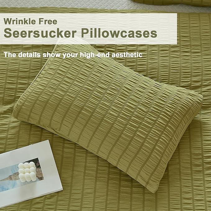 AveLom Olive Green Seersucker Duvet Cover Set Full Size (80 x 90 inches), 3 Pieces (1 Duvet Cover + 2 Pillow Cases), Ultra Soft Washed Microfiber, Textured Duvet Cover with Zipper Closure, Corner Ties