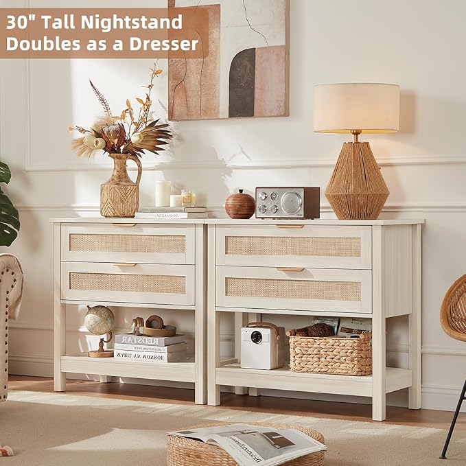 LEYAOYAO 31.5" Wide Rattan Night Stand, Oversized Large Boho Nightstand with 2 Drawer, Grey White Bed Side End Tables with Storage Shelf, Tall Bedside Table for Bedroom Living Room, Hallway