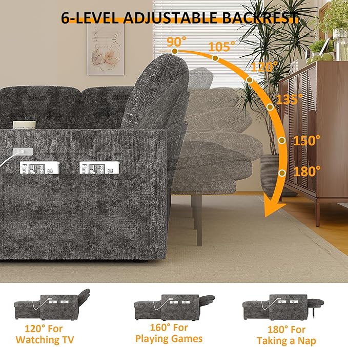 63 Inch Sleeper Sofa Bed, 4 in 1 Pull Out Couch Bed with Adjustable Backrest, Small Loveseat with Wide Armrest | USB Charging | Side Pockets | Cup Holders | Tool Free Assembly, Grey Chenille