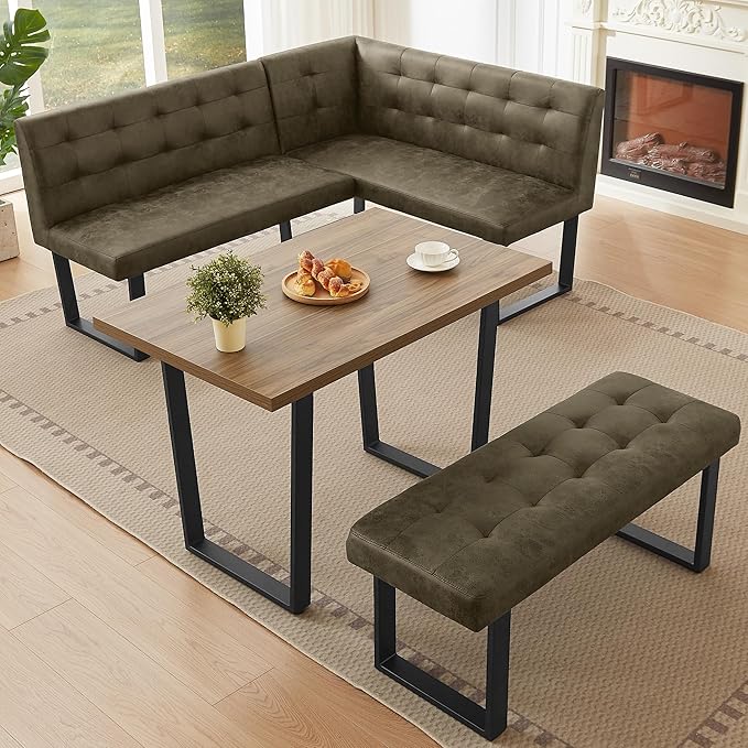 3-Piece Corner Dining Table Set with Bench, 70 Inch Space-Saving Breakfast Nook for Kitchen & Dining Room(Walnut Table & L-Seat Brown Bench)