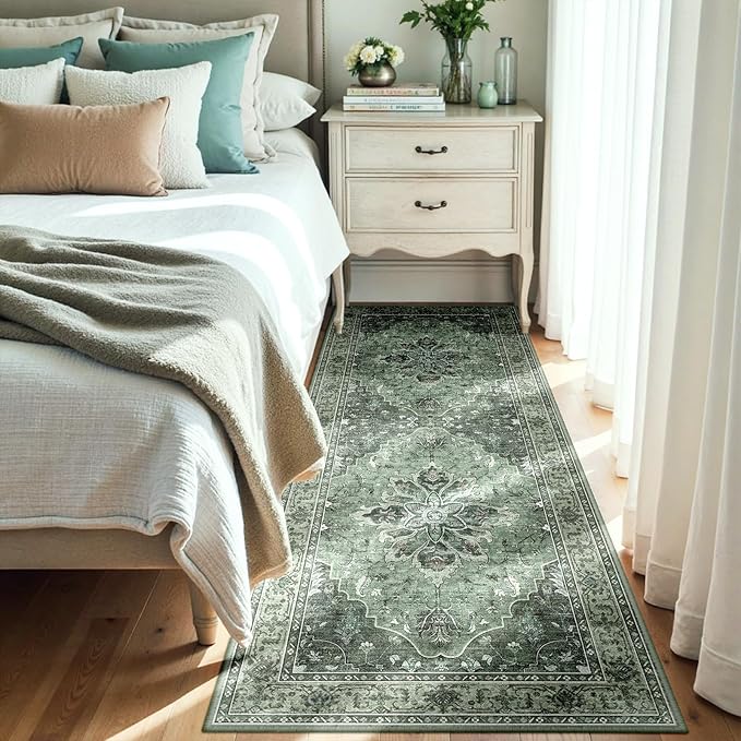 Area Rugs 3'x8' Washable Non-Slip, Floral Vintage Distress Print Pattern Medallion Carpet for Living Room Bedroom Dining Room, Dark Green Gray