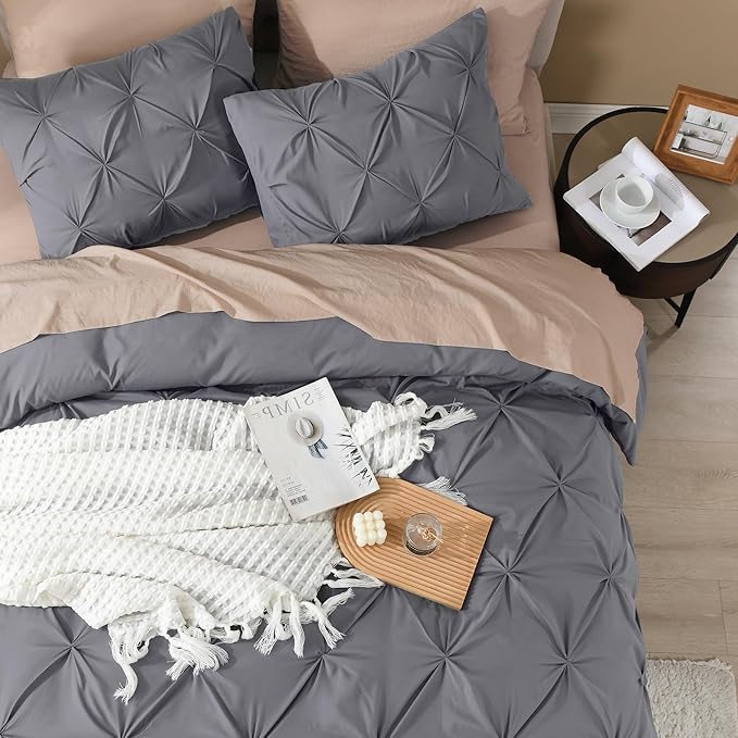 Litanika Dark Grey Oversized Queen Pinch Pleat Duvet Cover, 3 Pieces Pintuck Cover Soft Microfiber Bedding Set with Zipper Closure & Corner Ties(1 Duvet Cover, 2 Pillowcases)