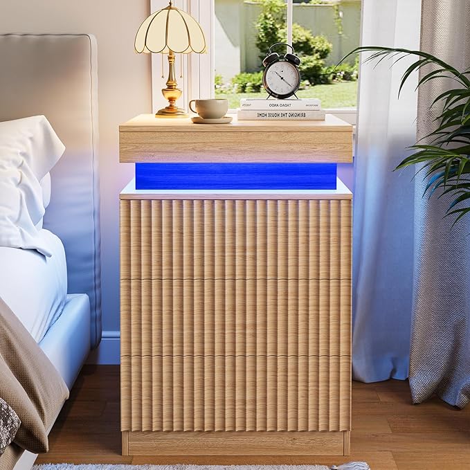 Nightstands Set of 2 with Charging Station & LED Lights, Modern Small Fluted Bedside & End Tables with 3 Drawers, Sliding Top & Hidden Storage, Wooden Farmhouse Night Stand for Bedroom, Natural Oak