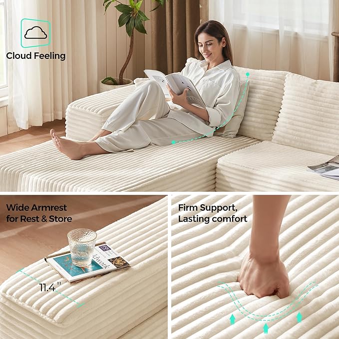 LINSY HOME Modular Sectional Sofa Boneless Cloud Couches for Living Room | Oversized Chaise, Deep Seat, Beige Cloud Couch, Plush Corduroy, L-Shape, No Assembly Required