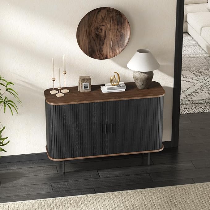 47''W x 32''H Black Buffet Sideboard Cabinet with Storage, Fluted Accent Storage Cabinet with Curvy Edge; Sliding Door, Freestanding Credenza, Console Table for Living Room, Kitchen, Hallway