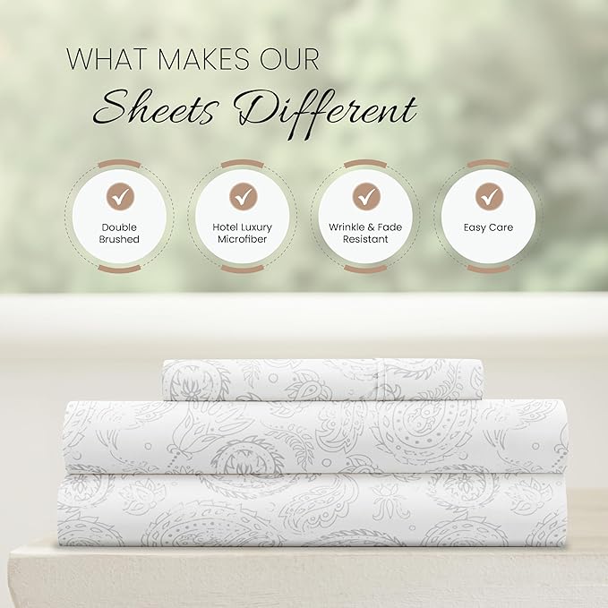 Linen Market Double-Brushed Patterned Microfiber Twin Sheet Set 3 Piece – Oeko-TEX Certified Ultra Soft & Wrinkle-Free - 16" Deep Pocket Sheets - Easy Care Twin Size - Coarse Paisley Light Gray