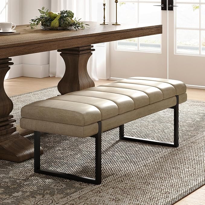 HULALA HOME 53" Faux Leather Entryway Bench, Button Tufted End of Bed Bench Ottoman for Bedroom, Living Room with Metal Base,Beige