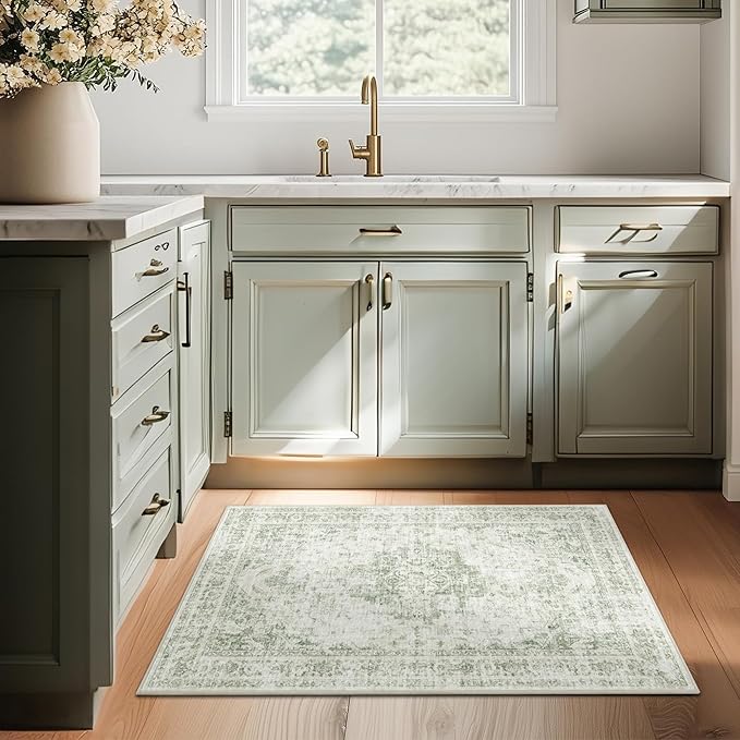 2x3 Vintage Washable Area Rugs for Entryway Soft Non-Slip Bath Mat Boho Medallion Distressed Retro Accent Carpet Floral Low Pile Indoor Throw Rug for Kitchen Laundry Living Room Bedroom, Green