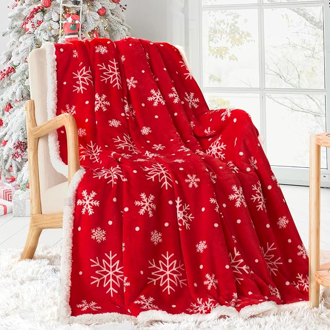 Touchat Christmas Throw Blanket, Red Sherpa Christmas Blankets, Fuzzy Fluffy Soft Cozy Blanket, Fleece Flannel Plush Microfiber Blanket for Couch Bed Sofa 60" X 80",Snowflake