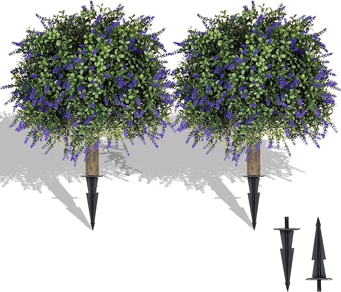 Artificial Lavender Topiary Ball Trees, 2 Pcs 23.6" Faux Lavender Bushes with 4 Ground Spikes, Fake Evergreen Plants for Home, Garden, Yard, Patio, Front Porch Decor