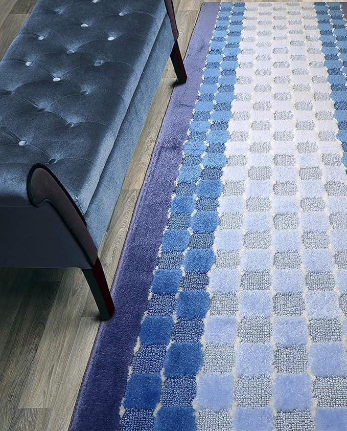 Custom Length Hallway Runner Rug,Slip Resistant,Checkered Blue, 26 Inch X 9 feet, Sold and Priced Per Foot
