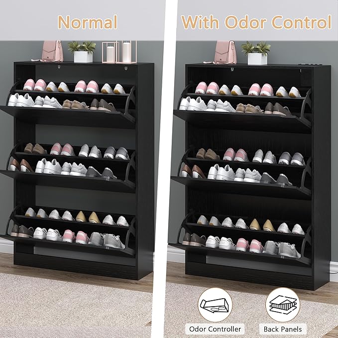 Shoe Cabinet with Odor Control and Back Panels, Deodorizing Slim 3-Flip Shoe Storage Cabinet for Entryway, Freestanding Hidden Shoe Rack Organizer for Entrance, Hallway, Bedroom