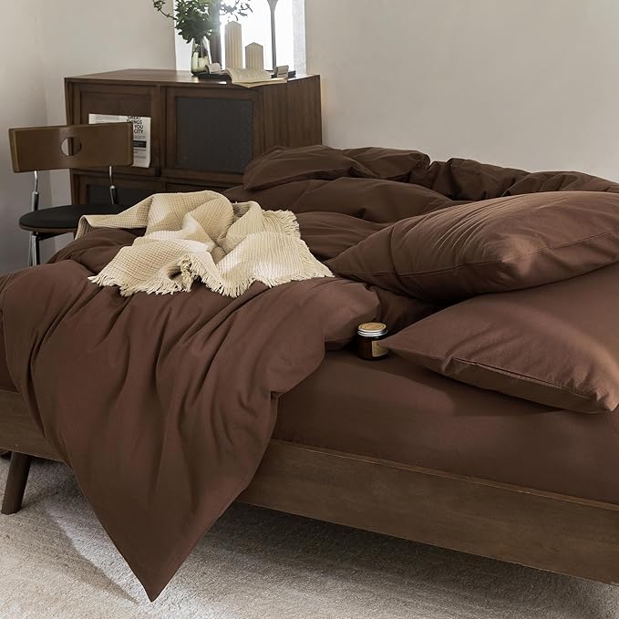 FOSSA Duvet Cover Set 100% Washed Cotton Linen Feel Super Soft Breathable Cozy Simple Style 3 Pieces Bedding Sets Solid Cocoa Brown Twin