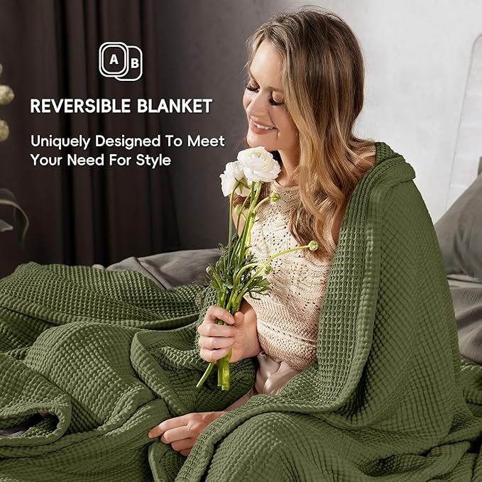 PHF 100% Cotton Waffle & Muslin Throw Blanket Large, Soft Breathable Luxury 400GSM Versatile Reversible Bedding for Couch, Great for Layering in Cold Weather, Home Decor Gift, 50" x 70", Olive Green