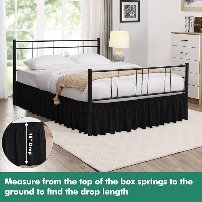 Biscaynebay Wrap Around Bed Skirts with Split Corners for Queen Beds 18" Drop, Black Adjustable Elastic Dust Ruffles Easy Fit Wrinkle Resistant Silky Luxurious Fabric Machine Washable
