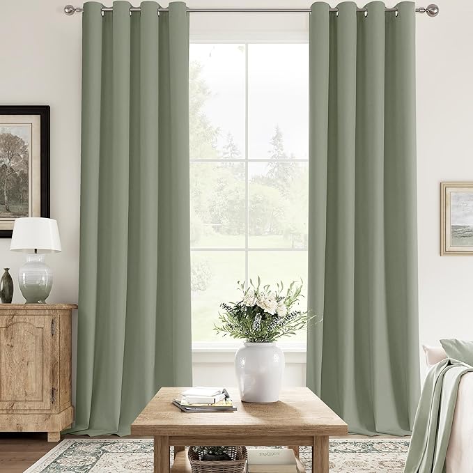 ChrisDowa 100% Blackout sage Solid Curtains 96 Inches Long 2 Panels for Bedroom Living Room,Farmhouse Room Darkening Thermal Insulated Soundproof Grommet Top Window Treatment Drapes,52x96