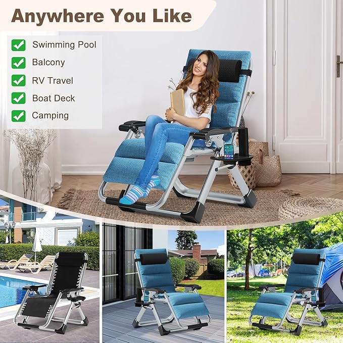 DoCred Comfy Chair, Folding Chair Recliner Chair for Bedroom and Living Room, Folding Reclining Patio Chairs Lounge Chair with Removable Cushion for Indoor Outdoor